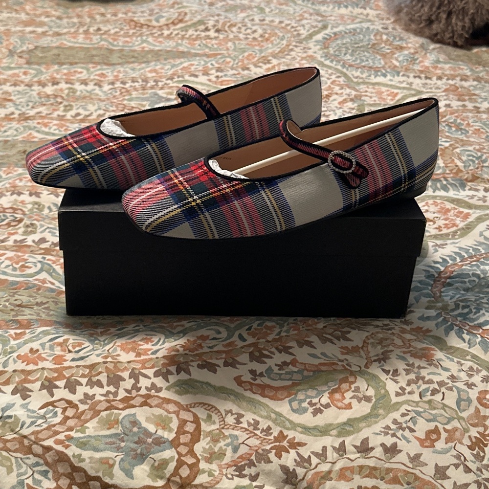 J. Crew Plaid Mary Jane Flats with Crystal Buckle